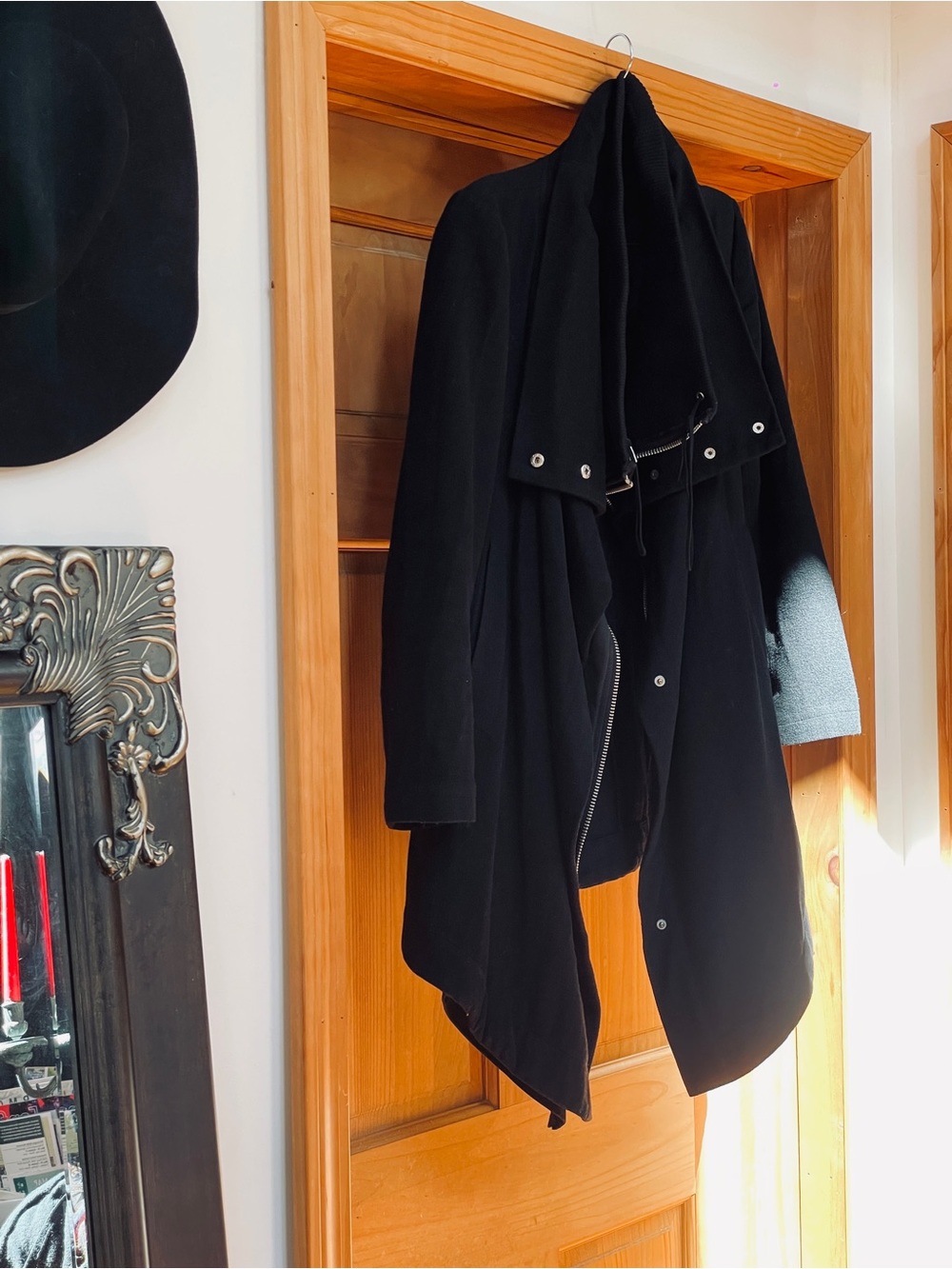 Black OAK NYC double layer wool blend coat pockets, zipper/snap buttons